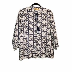 Oliphant Navy and White Geometric Tie-Neck Blouse